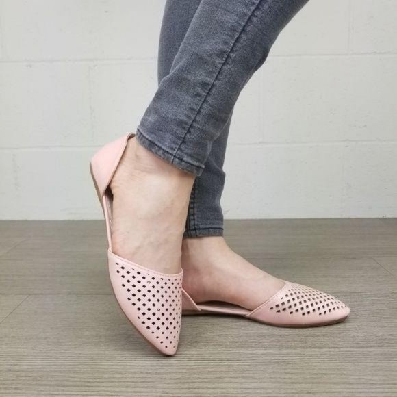 Pointed Toe Perforated Faux Leather Pink Flats - Picture 2 of 8